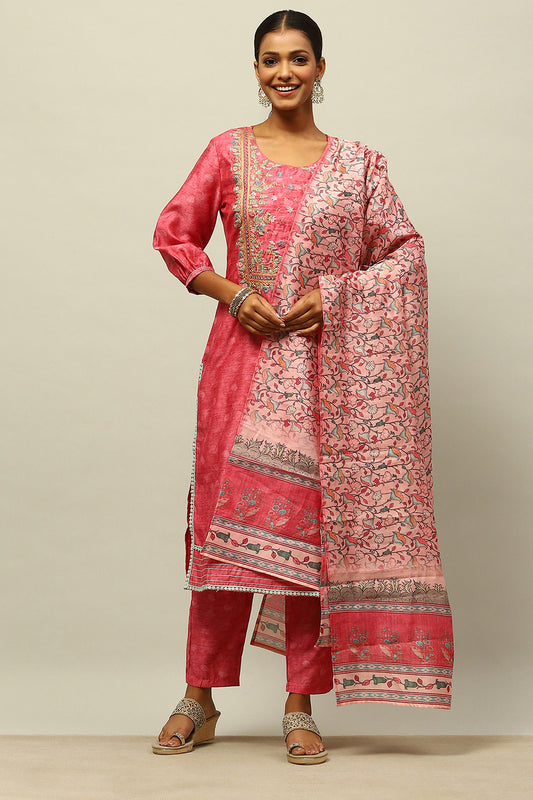 Pink Poly Chanderi Straight Printed Kurta Slim Pants Suit Set