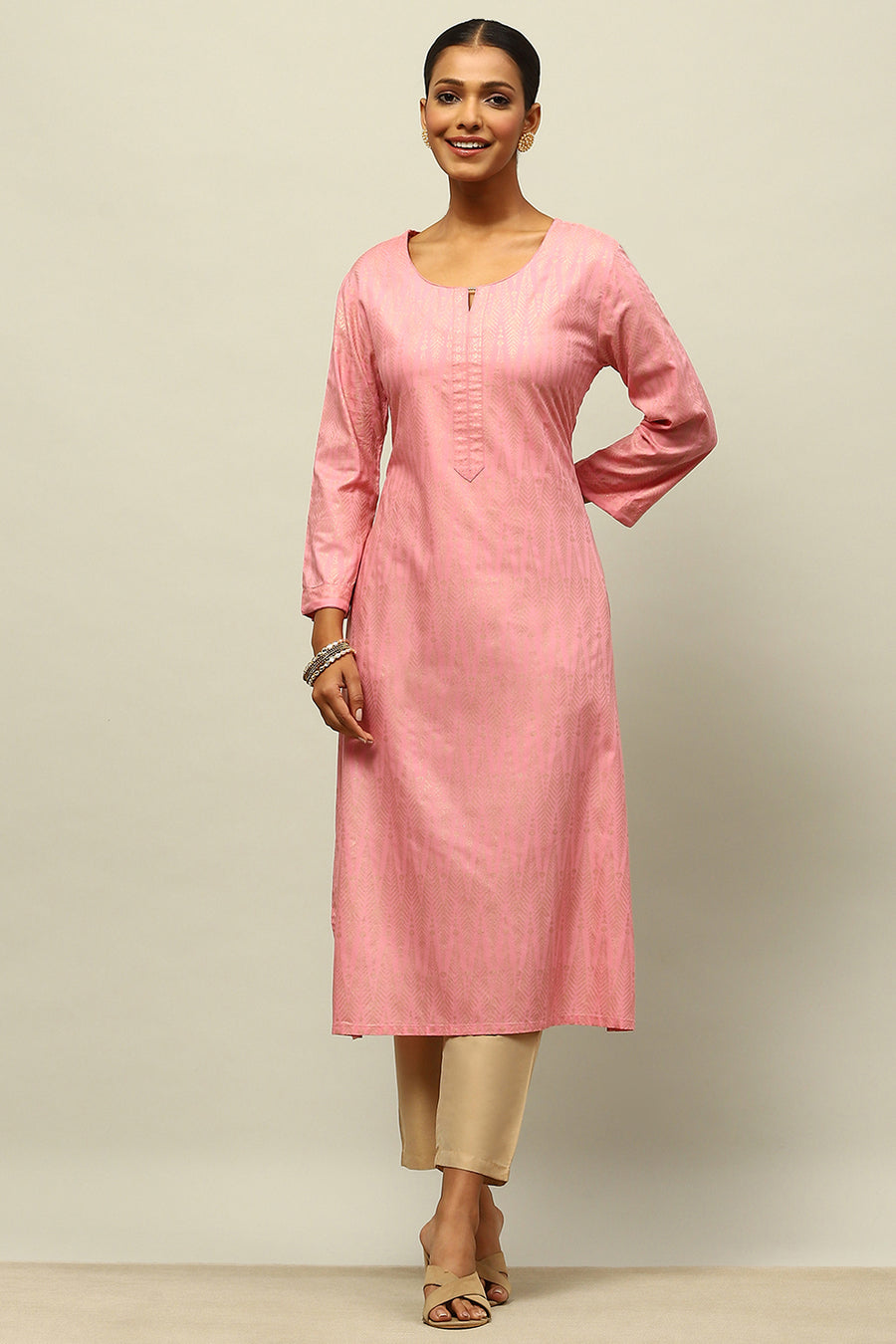 Dusty Pink Rayon Straight Printed Kurta Slim Pants Suit Set