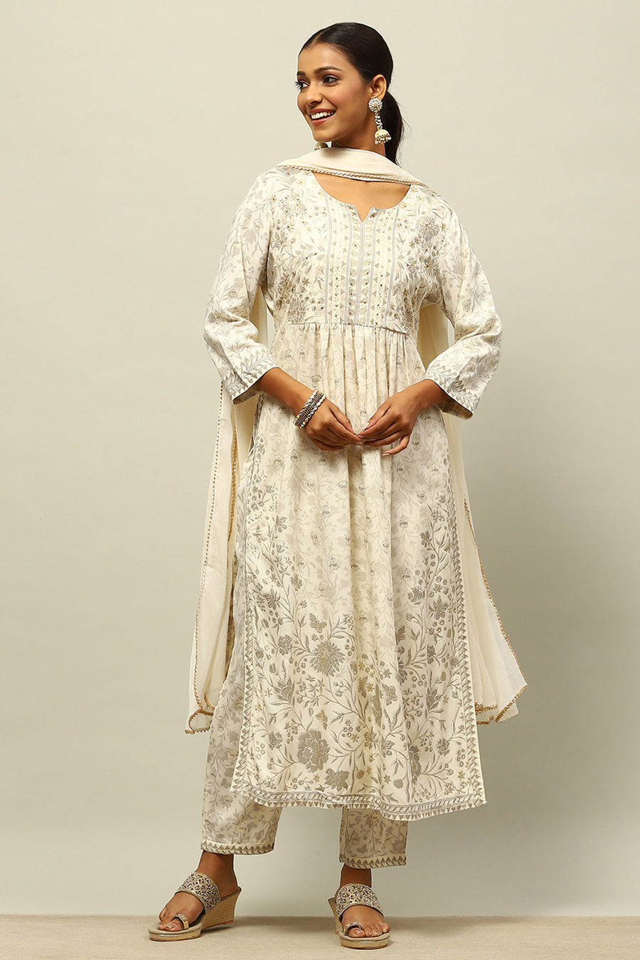 Off White Rayon Gathered Printed Kurta Palazzo Suit Set