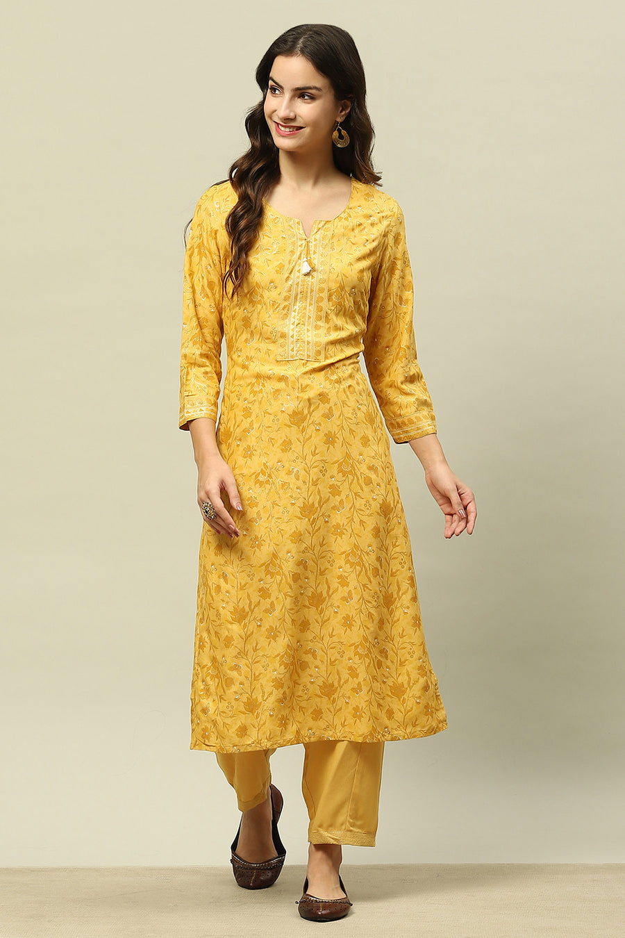 Yellow Rayon Straight Printed Kurta Salwar Suit Set