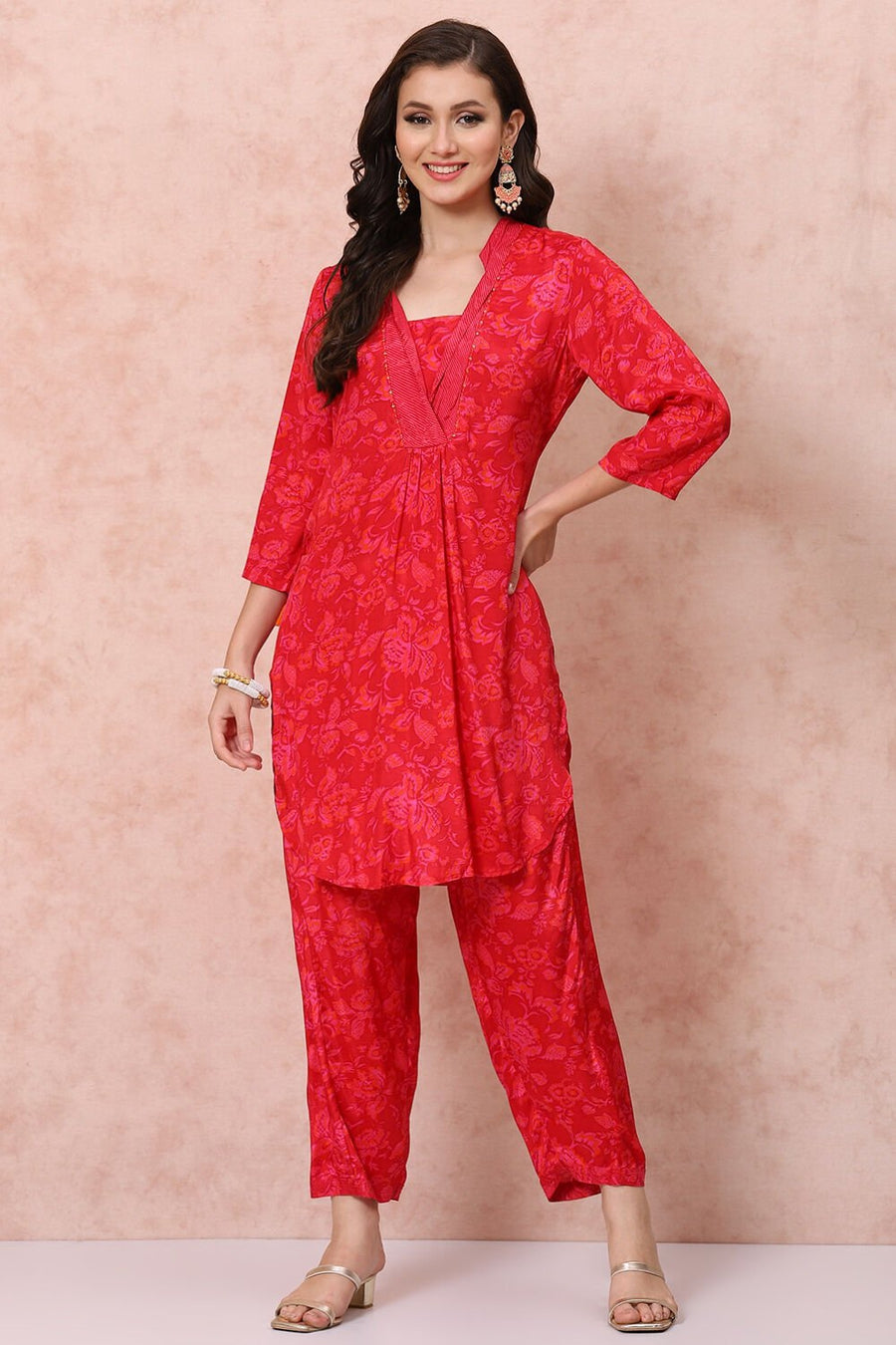 Pink Viscose Shantoon Straight Printed Kurta Palazzo Suit Set