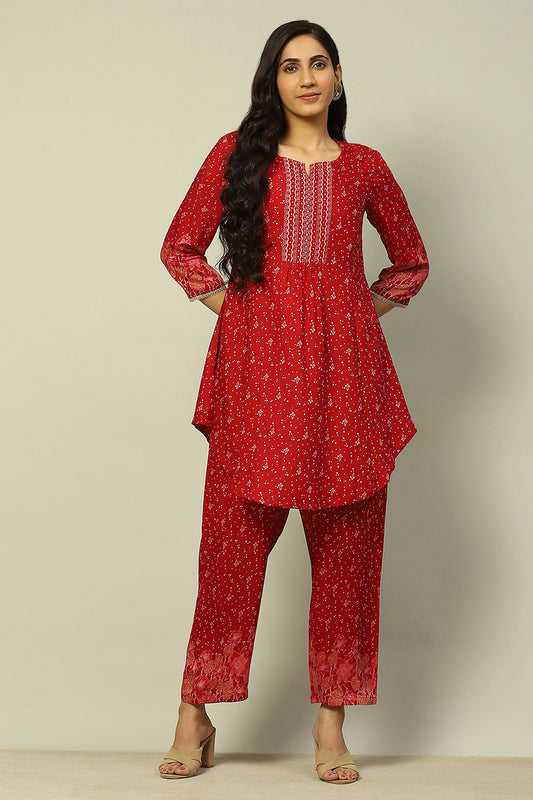 Red Viscose Blend Printed Festive Co-ord Set