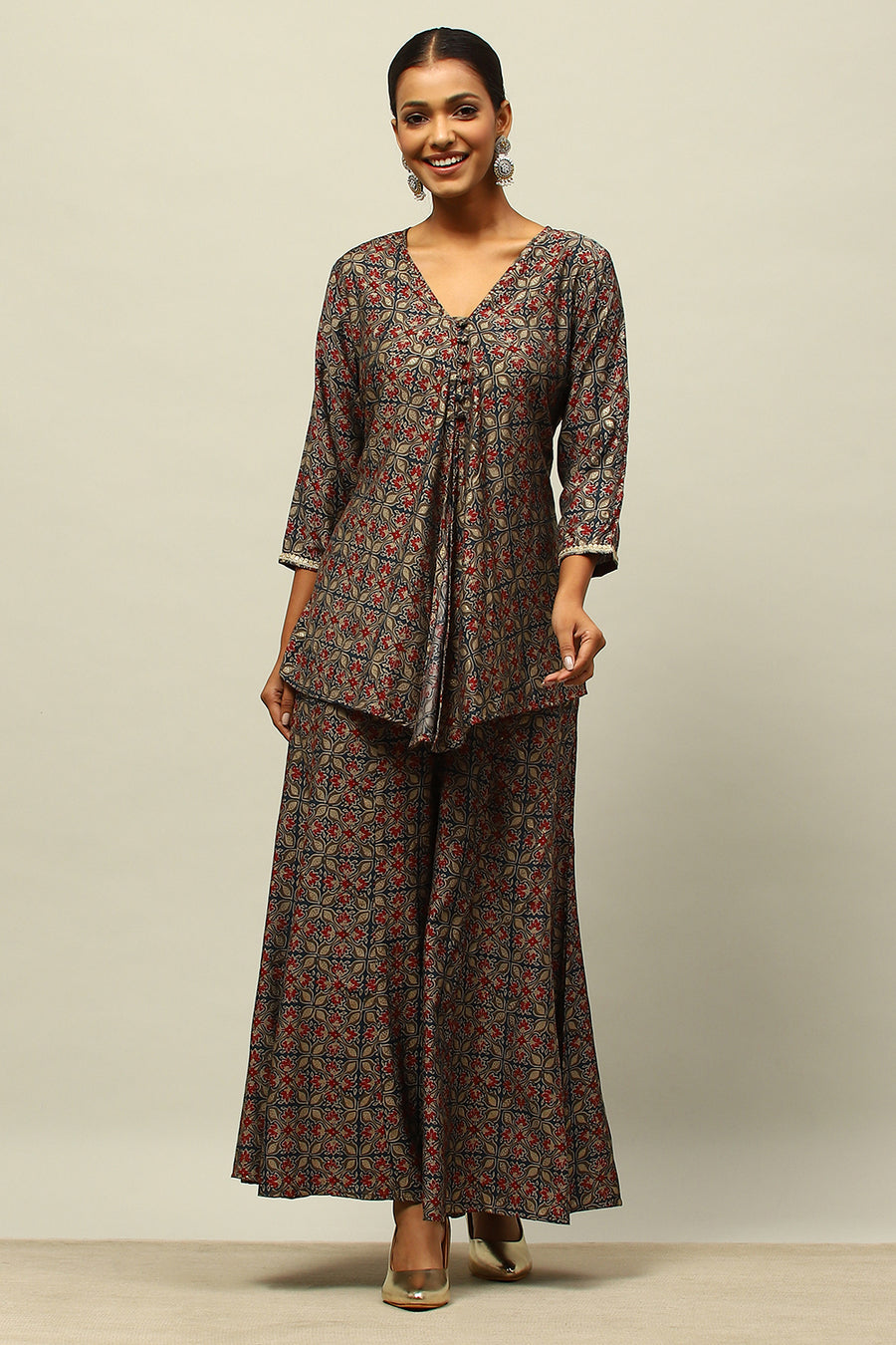 Blue Viscose Blend A-Line Printed Kurta Palazzo Suit Set