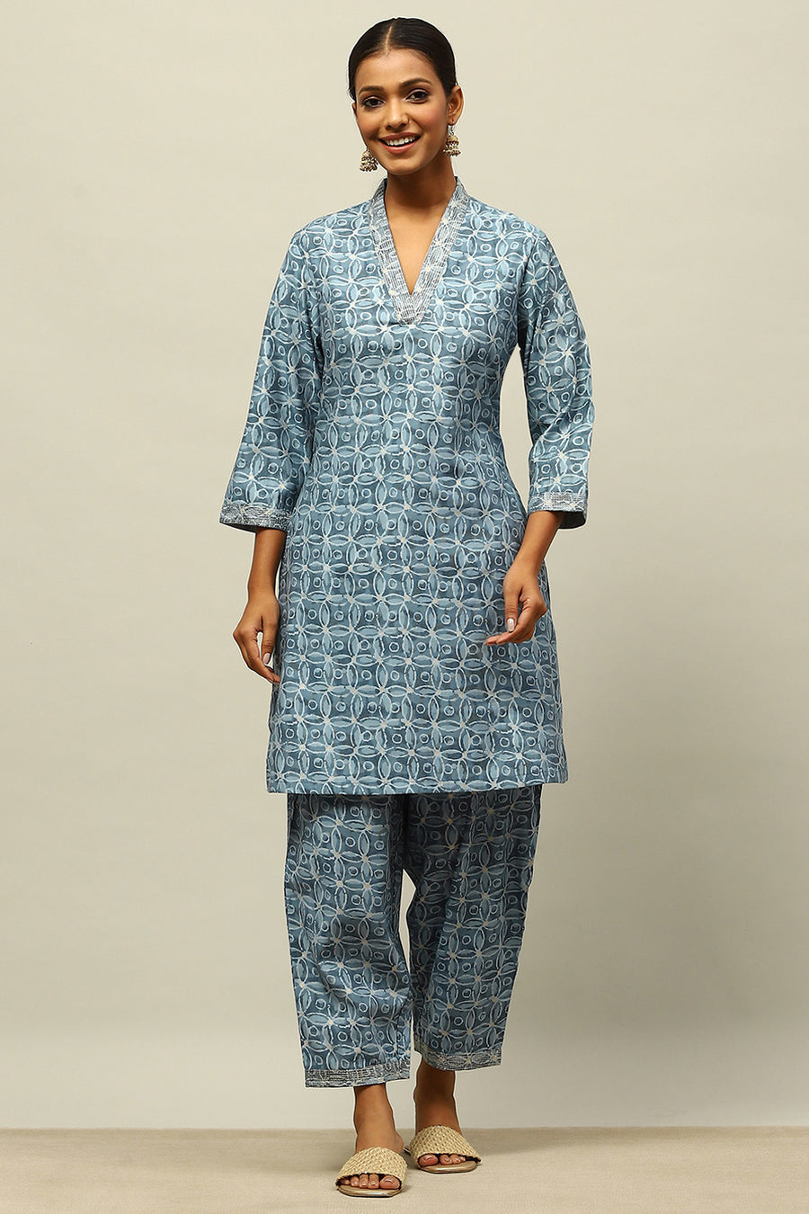 Blue Viscose Blend Straight Printed Co-ord Set