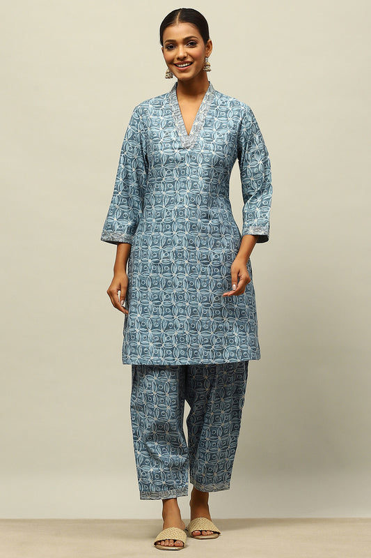 Blue Viscose Blend Straight Printed Co-ord Set