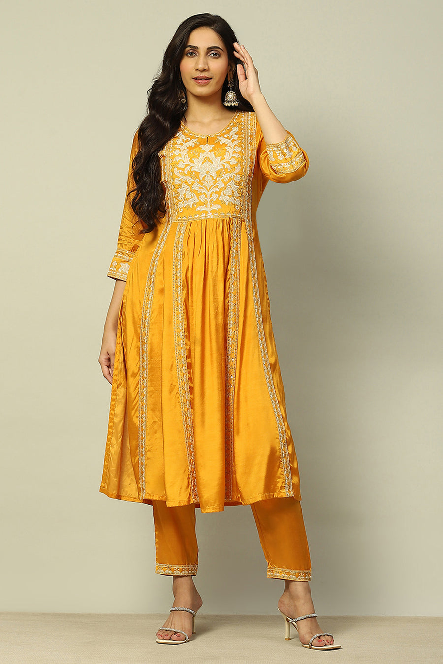 Mustard Yellow Viscose Shantoon Pleated Festive Kurta Set