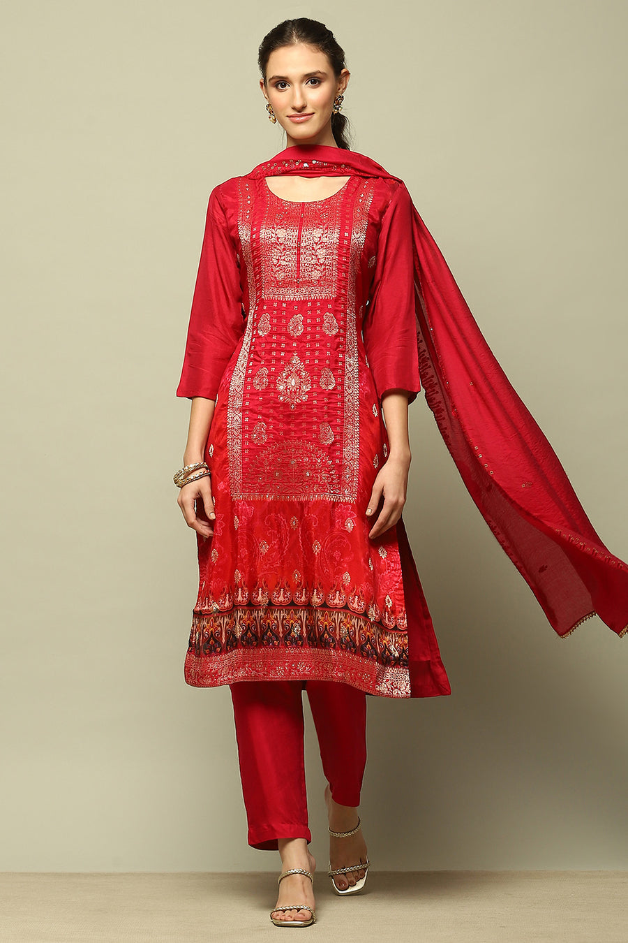 Pink Viscose Blend Straight Yarn Dyed Kurta Slim Pants Suit Set