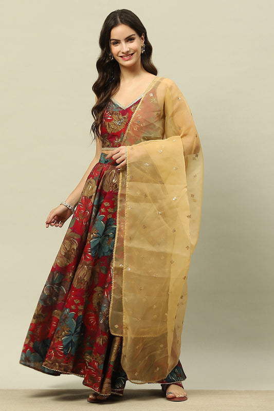 Pink Viscose Blend Straight Printed Crop Top Skirt Lehenga