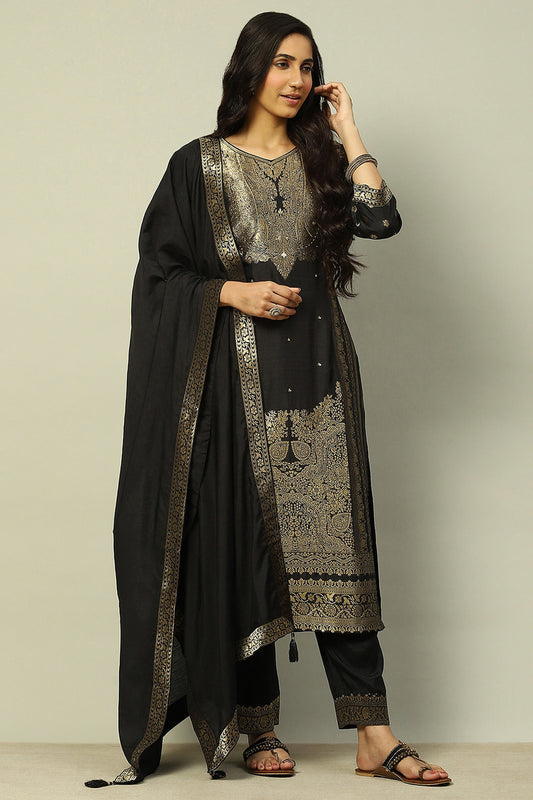 Black Viscose Blend Yarn Dyed Straight Festive Suit Set