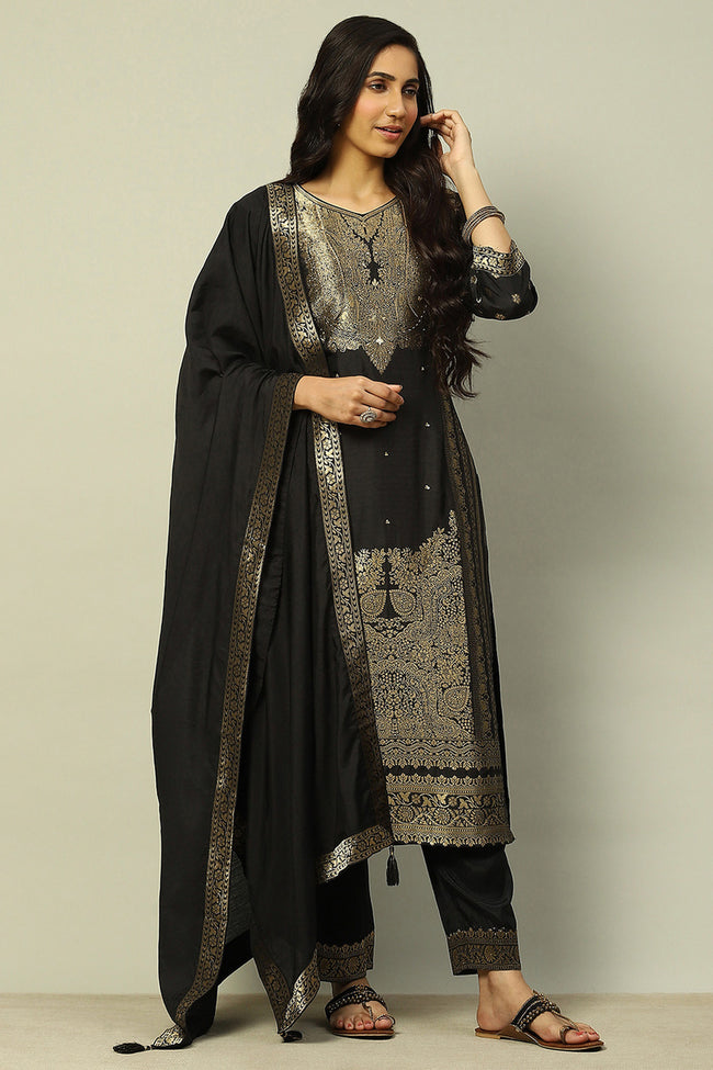 Black Viscose Blend Yarn Dyed Straight Festive Suit Set