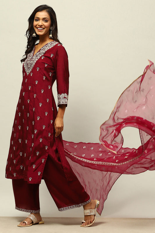 Wine Viscose Shantoon Straight Embroidered Kurta Palazzo Suit Set