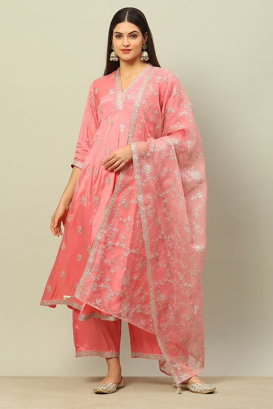 Dusty Pink Viscose Shantoon Kalidar Embroidered Kurta Palazzo Suit Set