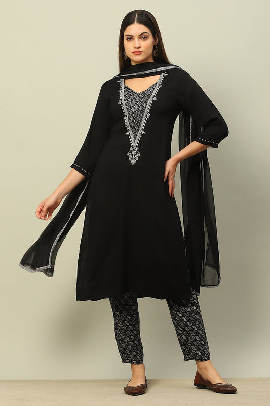 Black Viscose Blend Straight Solid Kurta Pants Suit Set