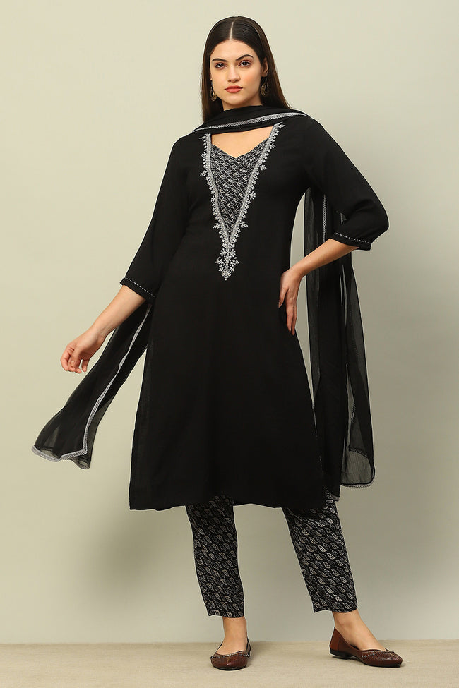 Black Viscose Blend Straight Solid Kurta Pants Suit Set