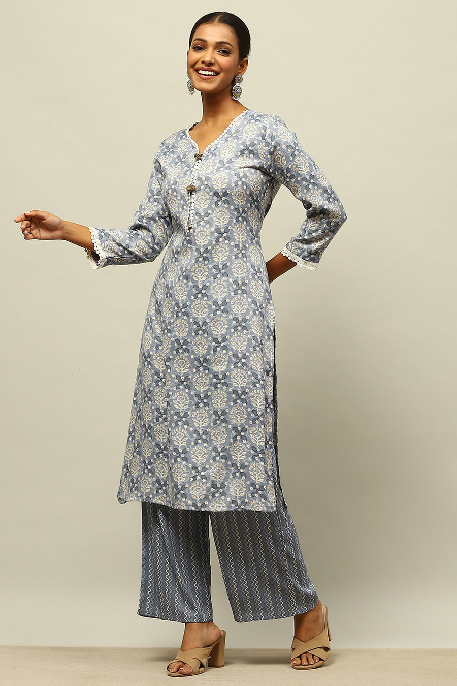 Grey Viscose Blend Straight Printed Kurta Palazzo Suit Set
