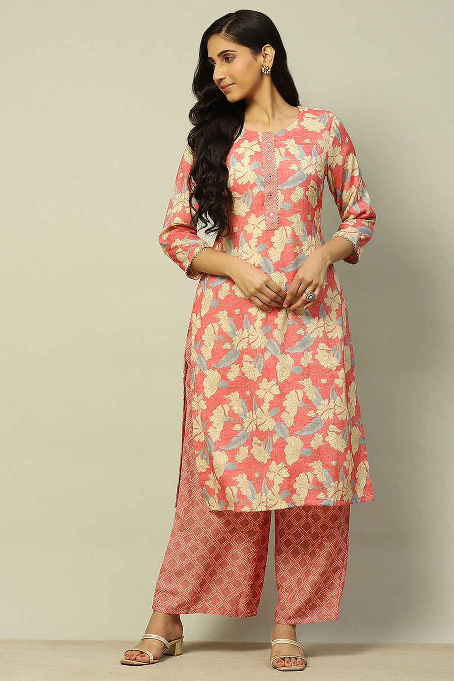 Coral Floral Printed Straight Kurta Palazzo Set