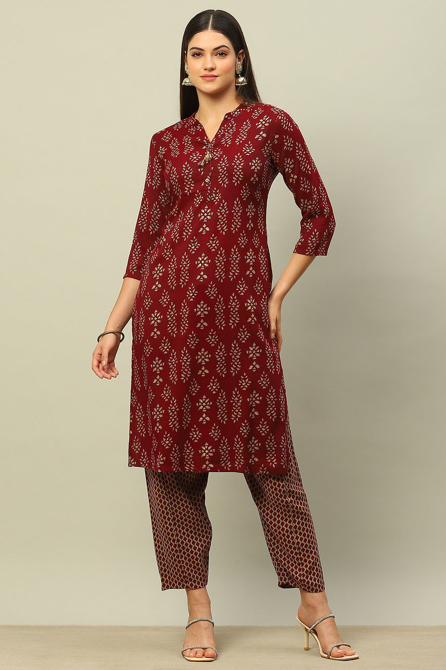 Maroon Viscose Blend Straight Printed Kurta Salwar Suit Set
