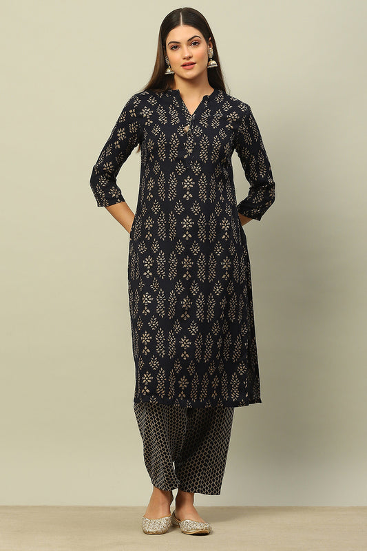 Navy Blue Viscose Blend Straight Printed Kurta Salwar Suit Set