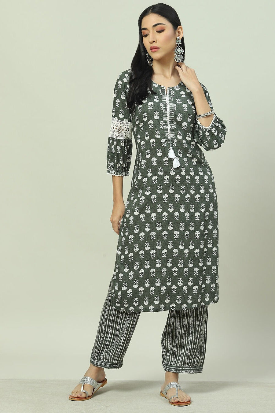 Olive Green Rayon Straight Printed Kurta Palazzo Suit Set