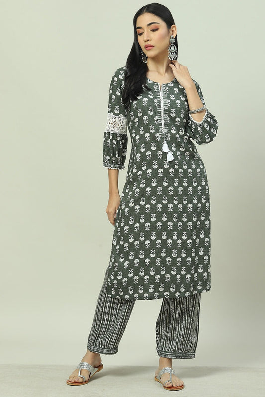 Olive Green Rayon Straight Printed Kurta Palazzo Suit Set