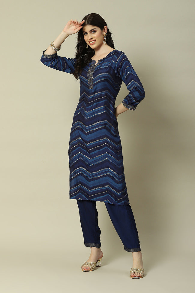 Blue LIVA Straight Printed Kurta Palazzo Suit Set