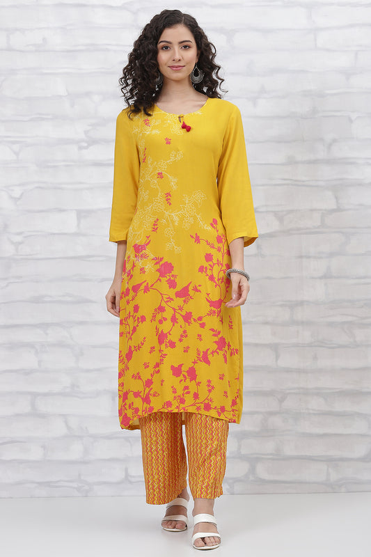 Yellow LIVA Straight  Kurta Pants Set