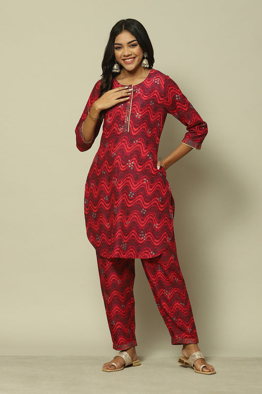Wine LIVA Straight Printed Kurta Palazzo Suit Set