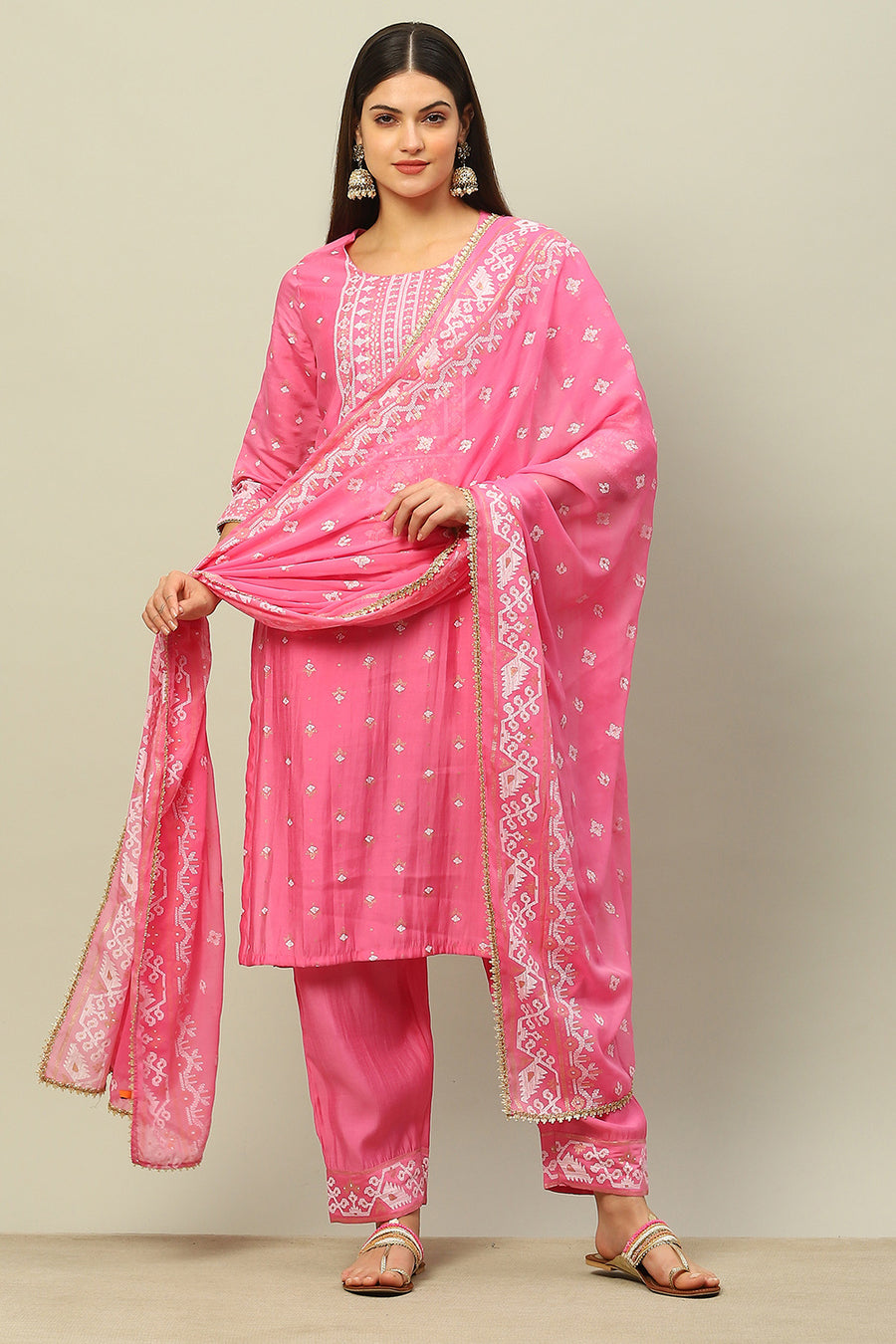 Pink Viscose Blend Straight Printed Kurta Palazzo Suit Set