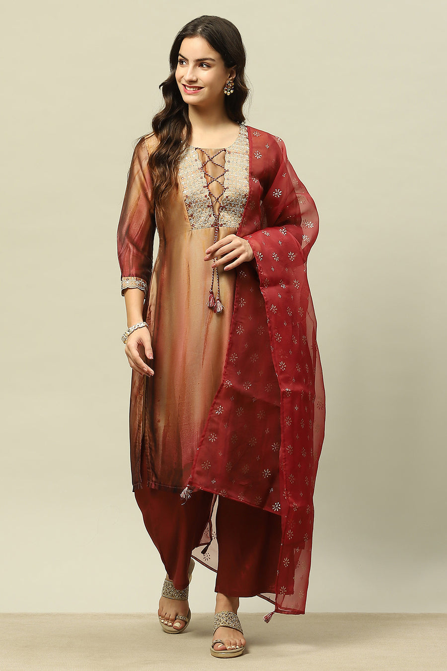 Gold Crepe Georgette Straight Printed Kurta Palazzo Suit Set