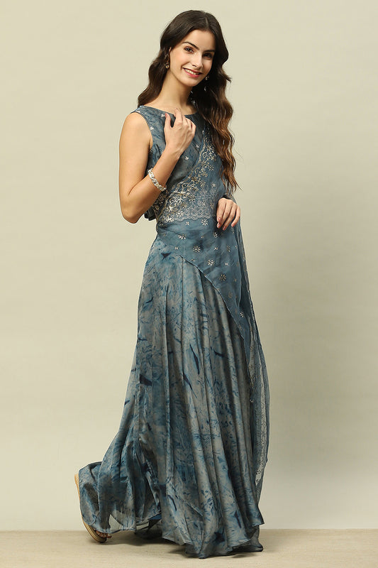 Blue Poly Georgette Straight Printed Crop Top Skirt Set