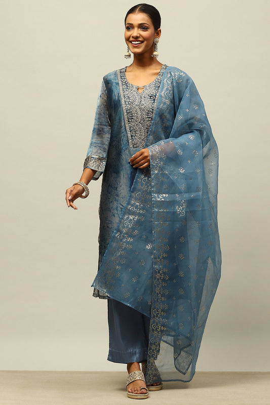 Blue Poly Georgette Straight Printed Kurta Palazzo Suit Set