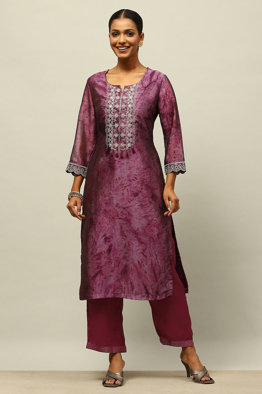 Purple Poly Georgette Straight Printed Kurta Palazzo Suit Set